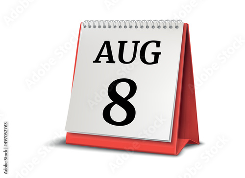 August 8. Calendar on white background. 3D illustration.
