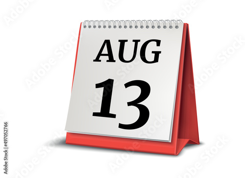 August 13. Calendar on white background. 3D illustration.