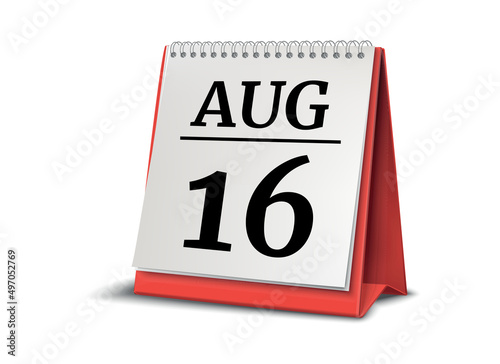 August 16. Calendar on white background. 3D illustration.