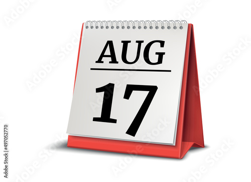 August 17. Calendar on white background. 3D illustration.