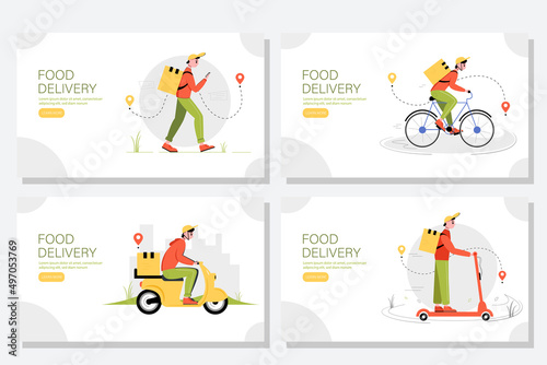 Food delivery web banners set. Online delivery concept. Template with a walking courier, courier on a bike, on a scooter, on a motorbike. Vector illustration in cartoon style.