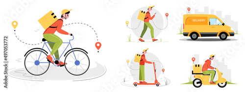 Set of delivery man icons. Food and parcel delivery services by bicycles, motorcycles, trucks, scooters and on foot. Vector illustration on an isolated background.