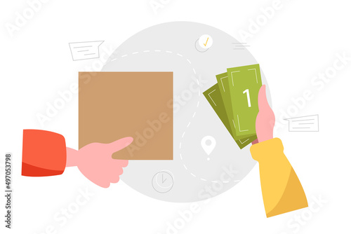 Delivery courier give package to owner. Fast delivery to the customer's home. Vector illustration in a flat style.