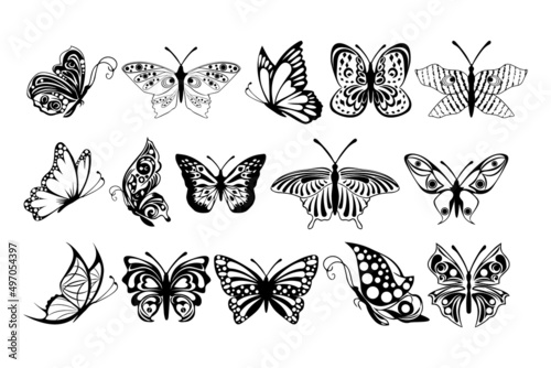 Illustration of many butterflys pattern. Black Sketch butterflys on white background.