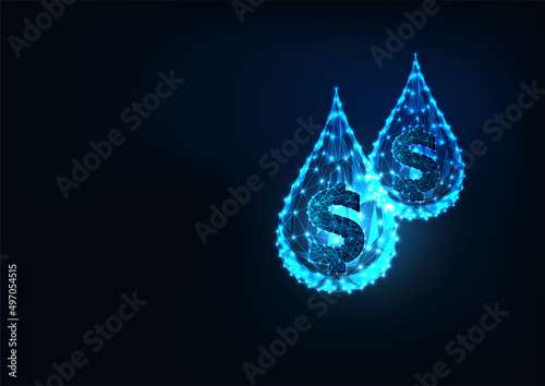Futuristic oil price concept with glowing low polygonal oil drops with dollar signs on dark blue