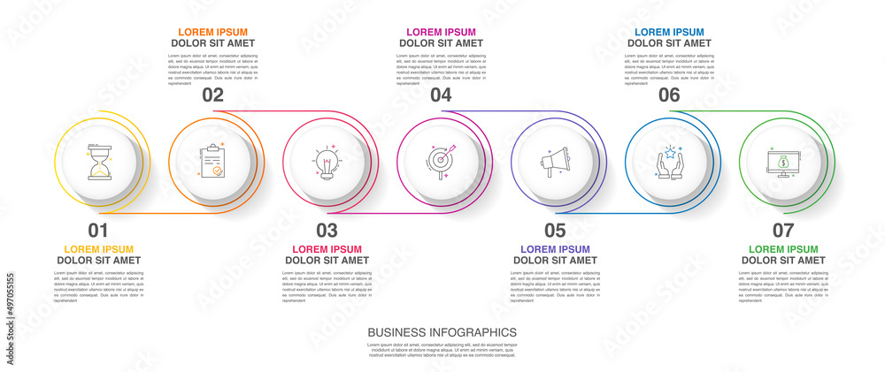 Naklejka premium Vector line infographics with seven circles. Business concept graphic process template with 7 steps. Graphic timeline for app, website, interface, chart, levels, web, diagram, banner, presentations