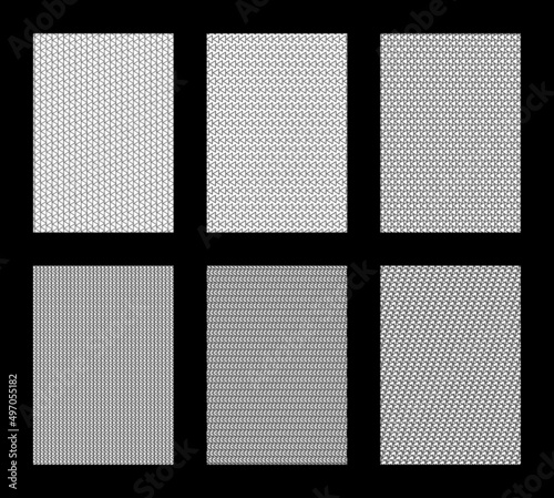 Pack de seis patrones geométricos para fondos de diseño o estampados, formas triangulares entrelazadas, vectores abstractos en blanco y negro