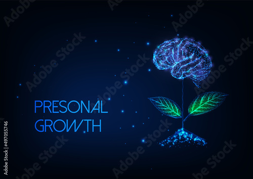 Futuristic personal growth concept with glowing low poly plant with brain as a flower on dark blue