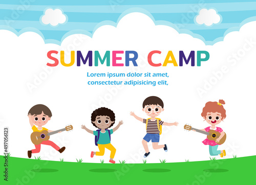 summer camp kids education concept Template for advertising brochure, activities on camping poster your text ,Vector Illustration