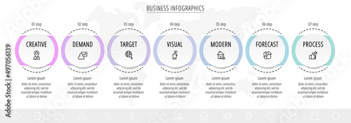 Modern 3D vector illustration. Circular infographic template with seven elements. Contains icons and text. Designed for business, presentations, web design, 7-step diagrams.