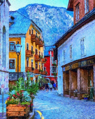 Fototapeta Naklejka Na Ścianę i Meble -  Colorful painting modern artistic artwork, real brush strokes, drawing in oil European famous old street view, beautiful old vintage houses, design print for canvas or paper poster, touristic product