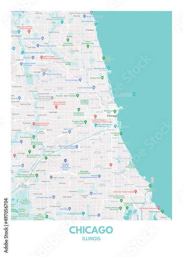 Poster Chicago - Illinois map. Road map. Illustration of Chicago - Illinois streets. Transportation network. Printable poster format.