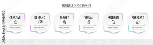 Vector circle infographics. Modern business timeline template with six steps and icons. Graphic timeline for app, website, interface, chart, levels, web, diagram, banner, presentations.