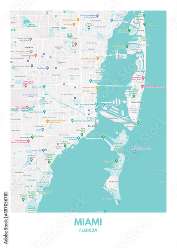 Poster Miami - Florida map. Road map. Illustration of Miami - Florida streets. Transportation network. Printable poster format.