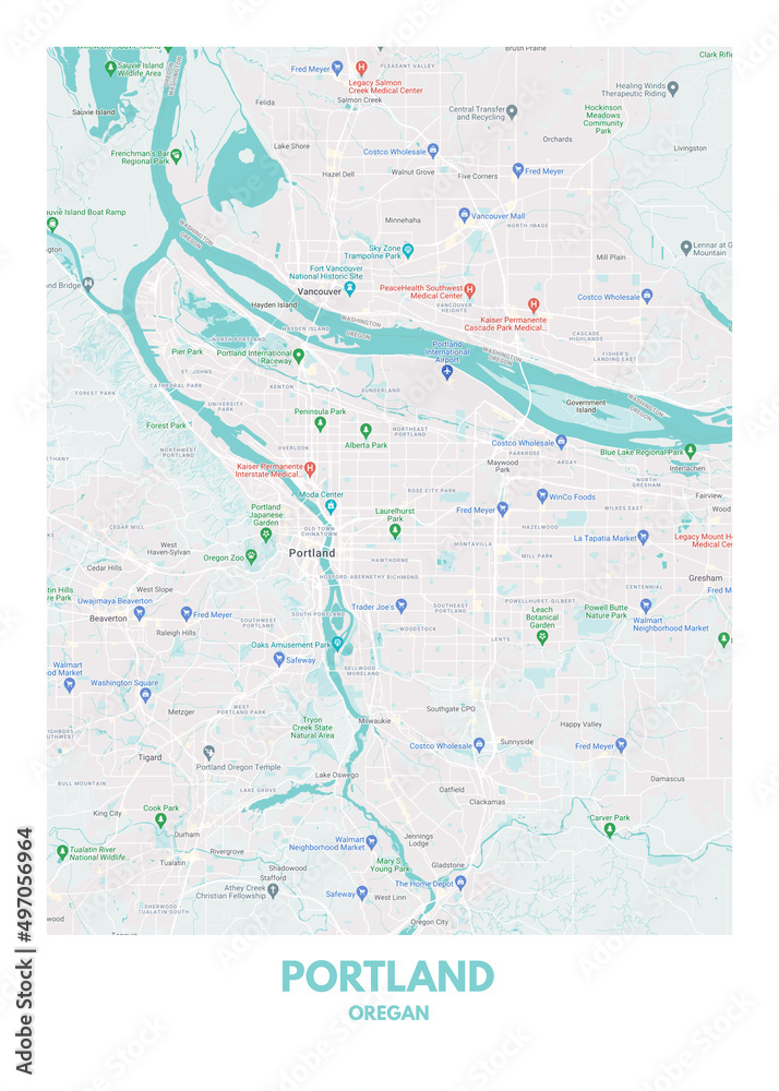 Poster Portland - Oregan map. Road map. Illustration of Portland - Oregan streets. Transportation network. Printable poster format.