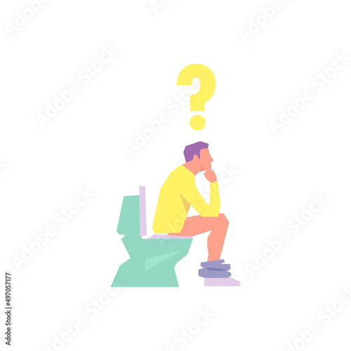 Man pooping and thinking in toilet simple flat vector character illustration.
