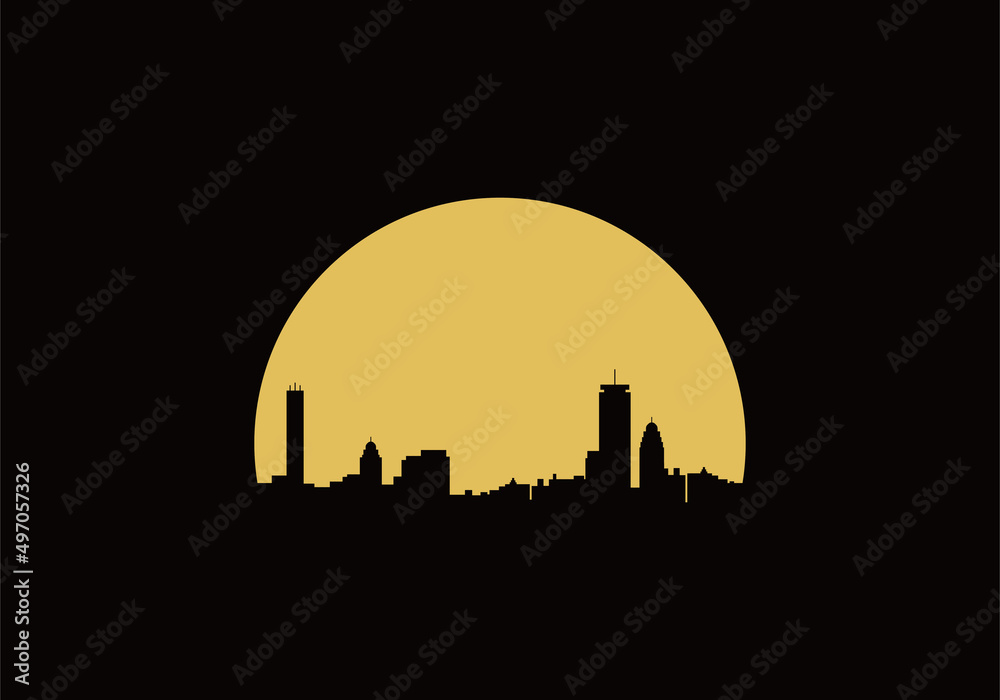 wonderful city silhouette illustration showing bright yellow moon.