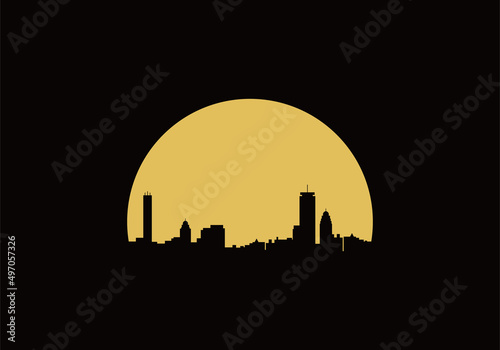 wonderful city silhouette illustration showing bright yellow moon.