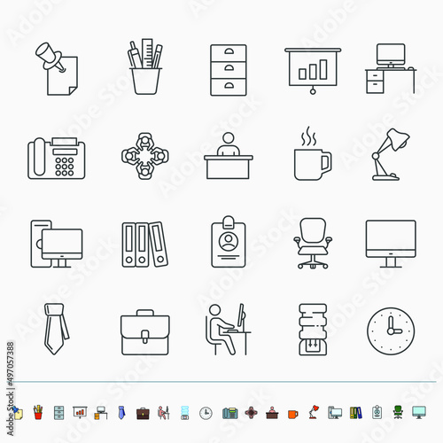 Set of vector linear and colored icons. Office. Office equipment. Team.