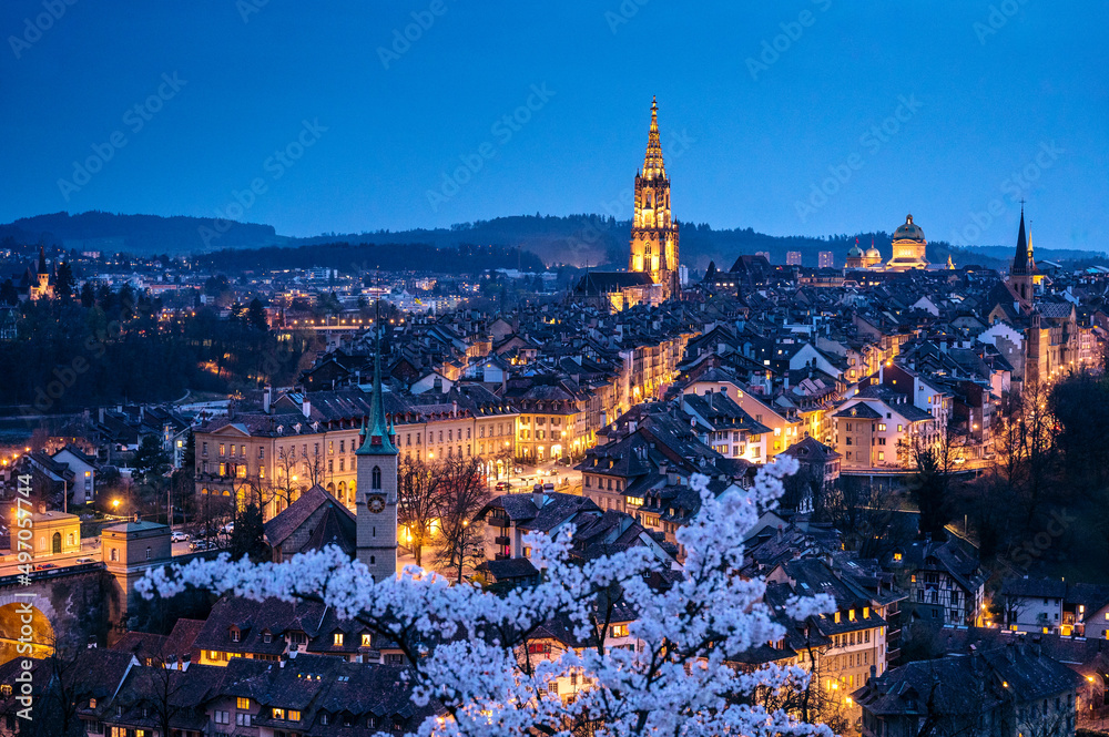 view from Rosengarten over the historic center of Bern during nightfall