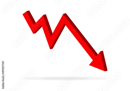 Red 3d arrow going down stock icon on white background. Bankruptcy, financial market crash icon for your web site design, logo, app, UI. graph chart downtrend symbol.chart going down sign.
