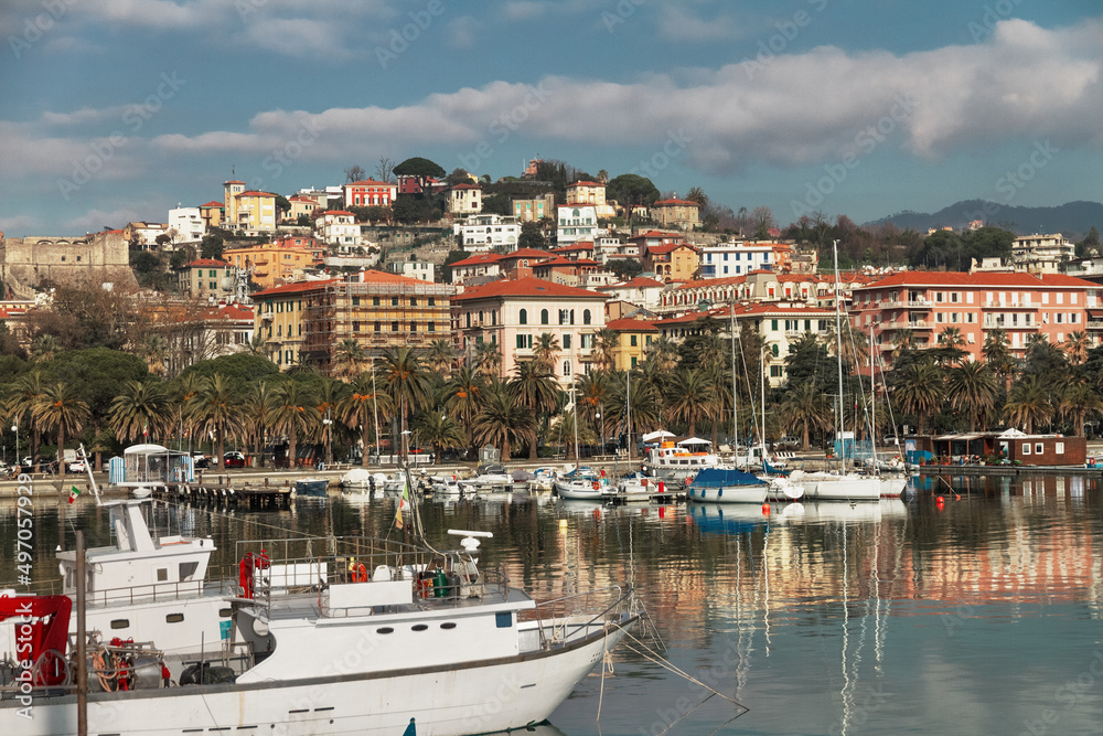 Bay with yachts and embankment of city of La Spezia in Italy