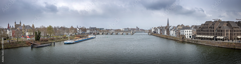 Maastricht Limburg Netherlands. Sint servaas bridge. River Maas. Panorama.