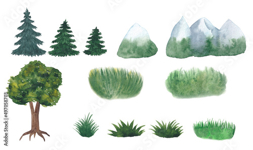 Watercolor illustration  elements of nature. Mountains  spruce  tree  grass. Set on a white background.