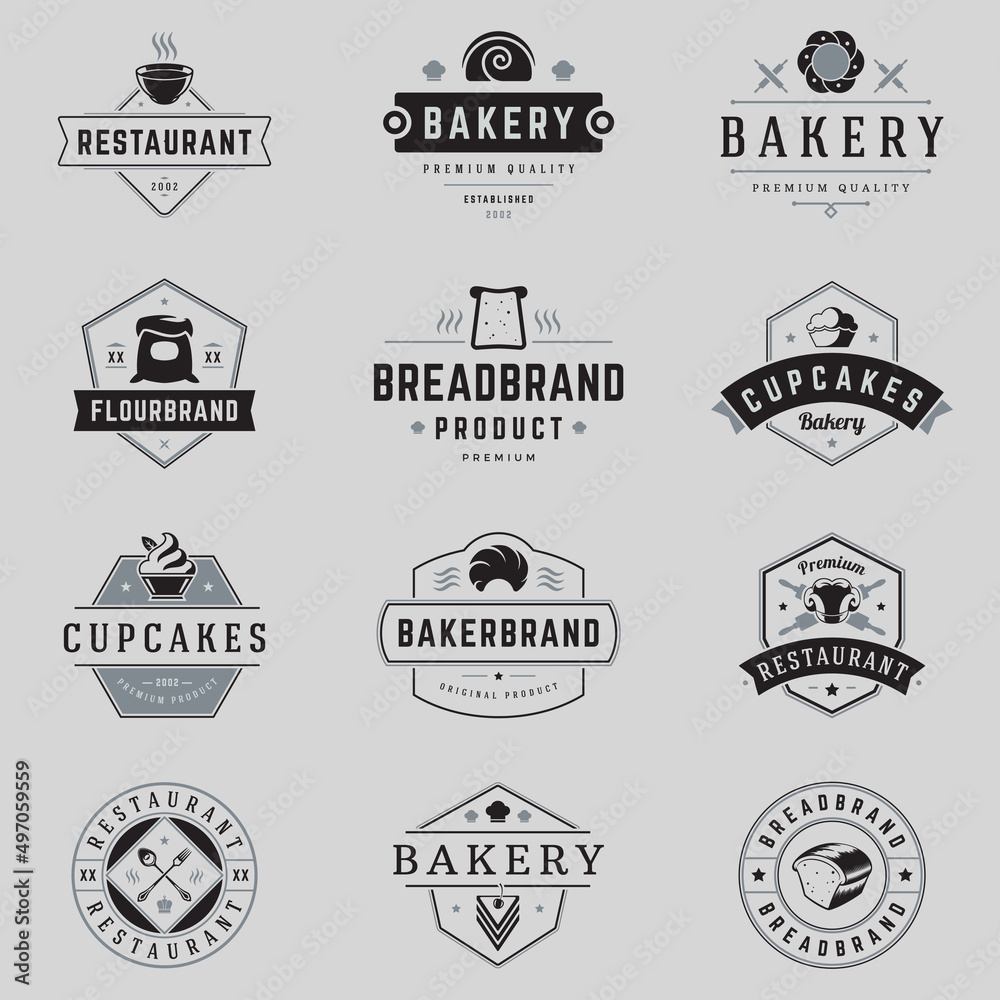 Collection minimalist vintage cafe restaurant food menu line logo vector illustration. Set retro emblem bakery, flour brand, cupcake, bread with place for text. Gourmet culinary insignia template