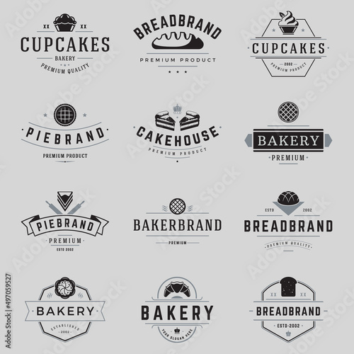 Collection minimalist bakery vintage logo decorative design with place for text vector illustration. Set monochrome retro emblem cupcake, cake, bread, pie shop brand label template. Wheat cuisine