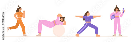 Set of women doing sports