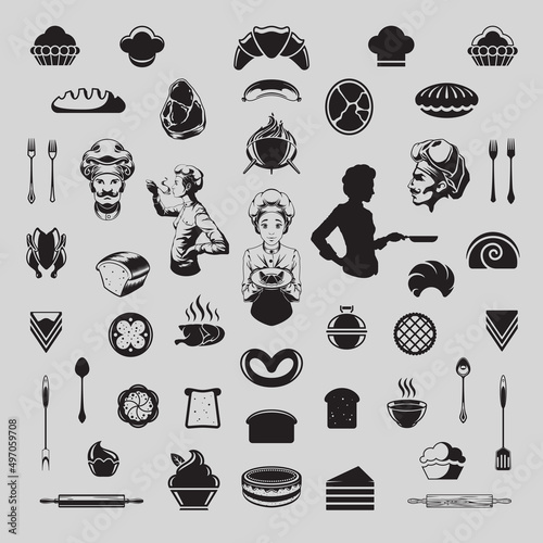Collection monochrome silhouette cuisine gourmet chef cooking delicious food vintage icon vector illustration. Set engraved cafe restaurant catering bakery personnel, pastry meal, cutlery, grill