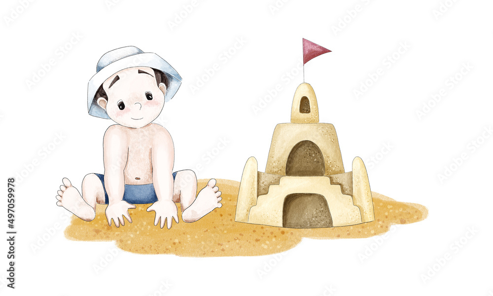 Naklejka premium A cute little cartoon boy in a panama hat and blue swimming shorts sits on the sand and looks at the sand castle with a smile. Digital illustration in the style of colored pencils and watercolor