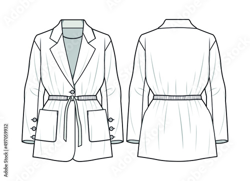 Women Lapel Neck Drawstring Waist Blazer, Gathered Waist Blazer Front and Back View fashion illustration vector, CAD, technical drawing, flat drawing.
