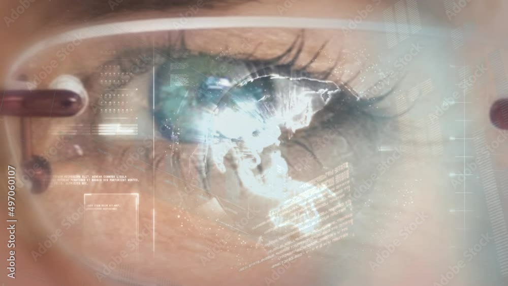 Animation of data processing over eye of caucasian woman Animation of data processing over eye of caucasian woman