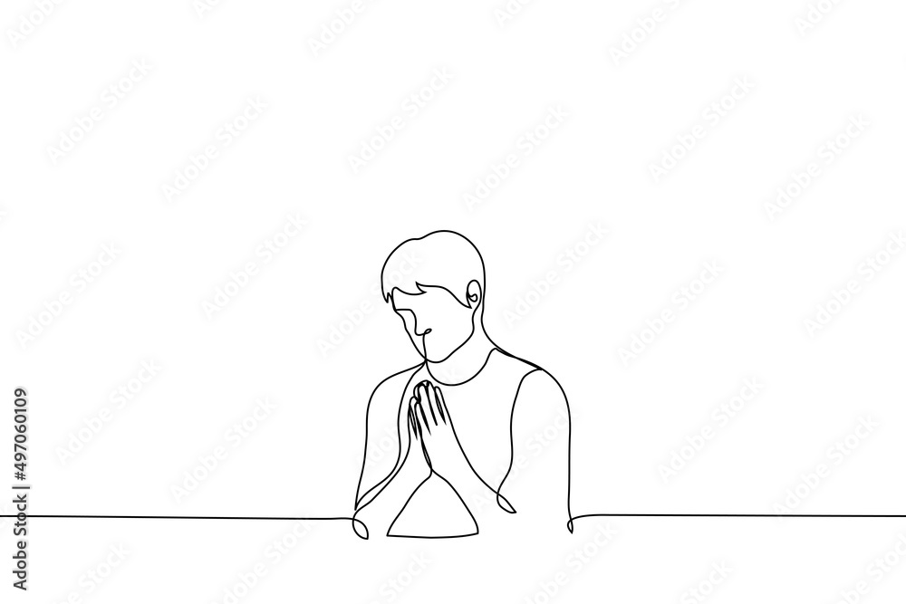 man put his palms together in supplication - one line drawing vector. the concept of praying or making a wish man put his palms together in supplication - one line drawing vector. the concept of praying or making a wish
