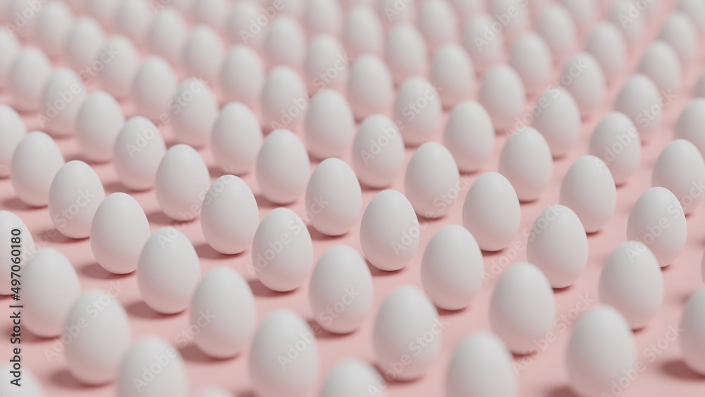 White eggs on a pink background, eggs lined up in rows, rear view focus, wallpaper
