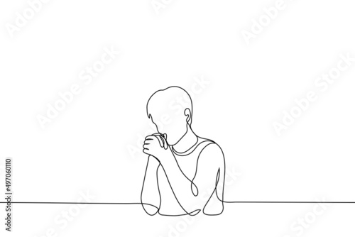 man holding his own hands in front of him - one line drawing vector. the concept of prayer, tense expectation, desperate desire