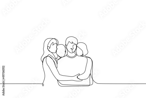 whole family hugging - one line drawing vector. concept of family ties, living grief with whole family, hugging father with whole family photo