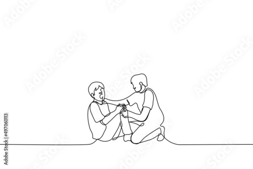 man fell on the floor and holds on to leg and screams in pain while second is concerned and offers help - one line drawing vector. concept help passerby, empathy, social experiment, kindness