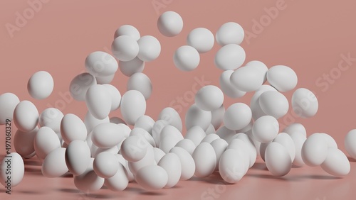 White eggs on a pink background, the eggs fly up and float in the air