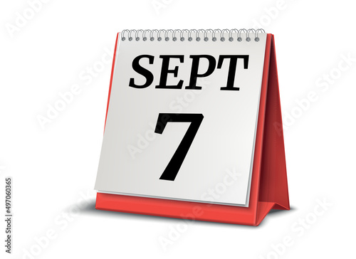 September 7. Calendar on white background. 3D illustration.