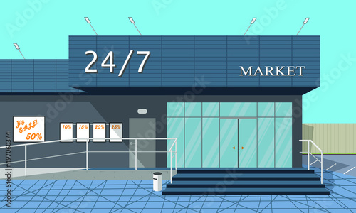 View of a small convenience store near the road. Vector illustration.