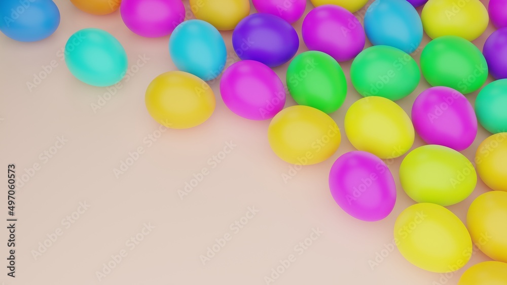 Multicolored Easter eggs on a pink background, the eggs lie on the plane on the right, a place for the text