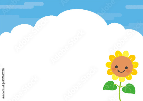 夏空とかわいいひまわりの背景　キャラクター　ほほえみ　横型