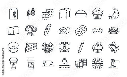 Bread, bakery products, pastry and confectionery icon set. Isolated line icons