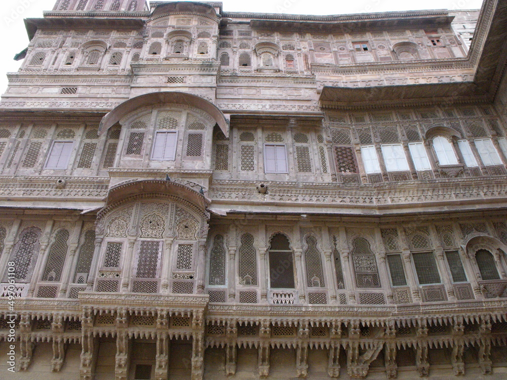 Jodhpur, Rajasthan, India, August 14, 2011: One of the impressive facades of the Mehrangarh Fort in the blue city of Jodhpur, India