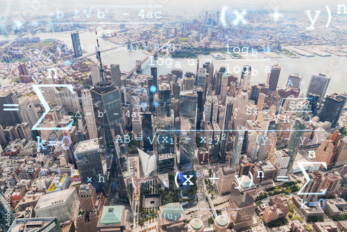 Aerial panoramic helicopter city view on Lower Manhattan district and financial Downtown  New York  USA. Technologies and education concept. Academic research  top ranking university  hologram