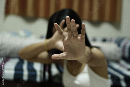 Woman raised her hand for dissuade, campaign stop violence against women