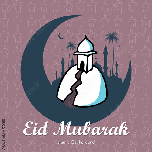 Vector illustration Eid Mubarak with symbol of mosque. Islamic greeting card template with ramadan for wallpaper design, poster, media banner. 